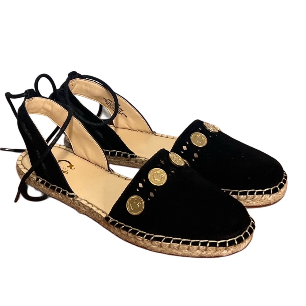 NIB C. Wonder Suede Leather Espadrilles w/ Coin Detail Michaela Black Size 6.5
